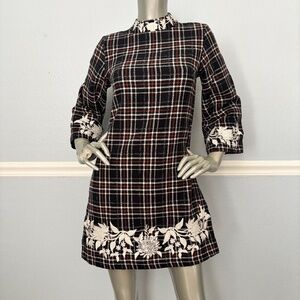 Fanm Mon Dress Navy Blue Layla Tweed 3/4 Sleeves Mini Embroidered New